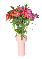 Vase with beautiful alstroemeria flowers on white background
