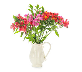 Vase with beautiful alstroemeria flowers on white background