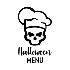 Banner con texto manuscrito Halloween Menu con silueta de calavera con sombrero de chef. Logo restaurante. Vector en color negro