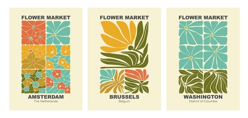 Abstract Botanical poster set, flowers and branches. Modern style. Flower Market poster concept template perfect for postcards, wall art, banner. Flower Garden.