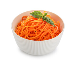 Bowl of tasty korean carrot isolated on white background