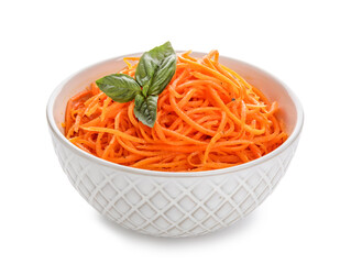 Bowl of aromatic korean carrot salad isolated on white background
