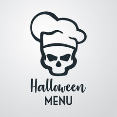 Banner con texto manuscrito Halloween Menu con silueta de calavera con sombrero de chef. Logo restaurante. Vector en fondo gris