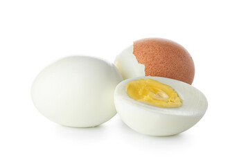 Tasty chicken eggs on white background