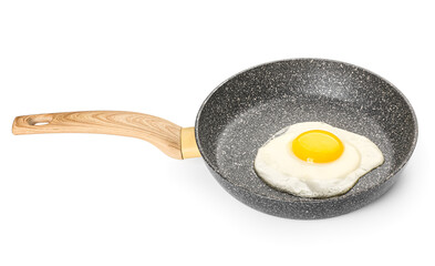 Frying pan with tasty egg isolated on white background