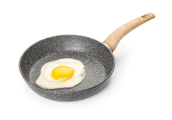 Frying pan with tasty egg isolated on white background