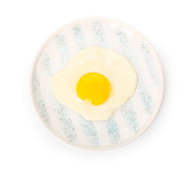 Plate with tasty fried egg on white background