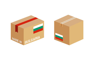 box with Bulgaria flag icon set, cardboard delivery package made in Bulgaria