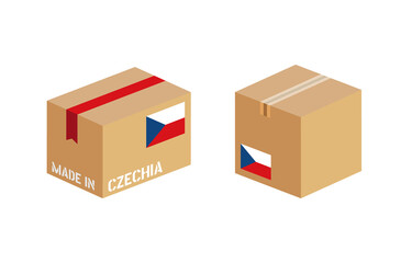 box with Czechia flag icon set, cardboard delivery package made in Czech Republic