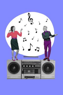Collage picture of two cheerful small aged people black white gamma stand dancing huge boom box isolated on painted background