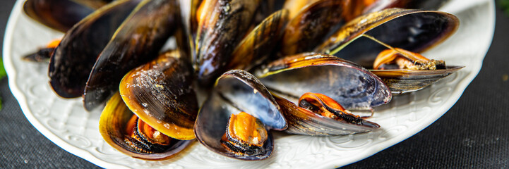 fresh mussels in shells seafood meal on the table copy space food background rustic 