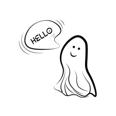Ghost. Vector illustration, ghost icon with emotion, text for a happy Halloween party. Hand drawn ghost on white background. 
Halloween party design element. Design for printed posters, cards, sticker