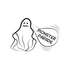 Ghost. Vector illustration, ghost icon with emotion, text for Halloween party monster parade. Hand drawn ghost on white background. 
Design element for Halloween party. 