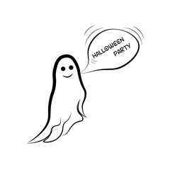 Ghost. Vector illustration, ghost icon with emotions, text for Halloween party. Hand drawn ghost on white background. 
Halloween party design element. Design for printed posters, postcards, stickers. 