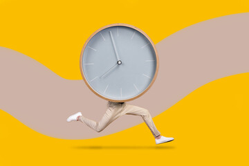 Creative abstract template graphics image of funny funky guy clock instead of body isolated orange...