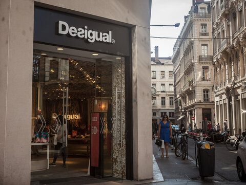 LYON, FRANCE - JULY 13, 2019: Desigual logo in front of their main boutique for Lyon. Desigual is a Spanish fashion designer and retailer specialized in patchwork design and clothing