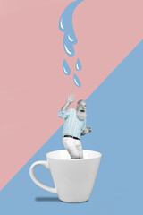 Photo cartoon comics sketch picture of funny man standing inside cup tacking water shower isolated painting red blue background