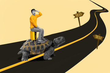 Collage picture of small shocked guy black white gamma sit ride huge turtle walk long road isolated...