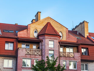 Zelenogradsk, Russia, June 11, 2022. Typical architectural ensemble in the area of ​​historical urban development. Fragment of facade of typical house