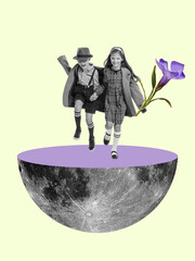 Contemporary art collage. Stylish little boy and girl, children running on half planet surface isolated over light yellow background