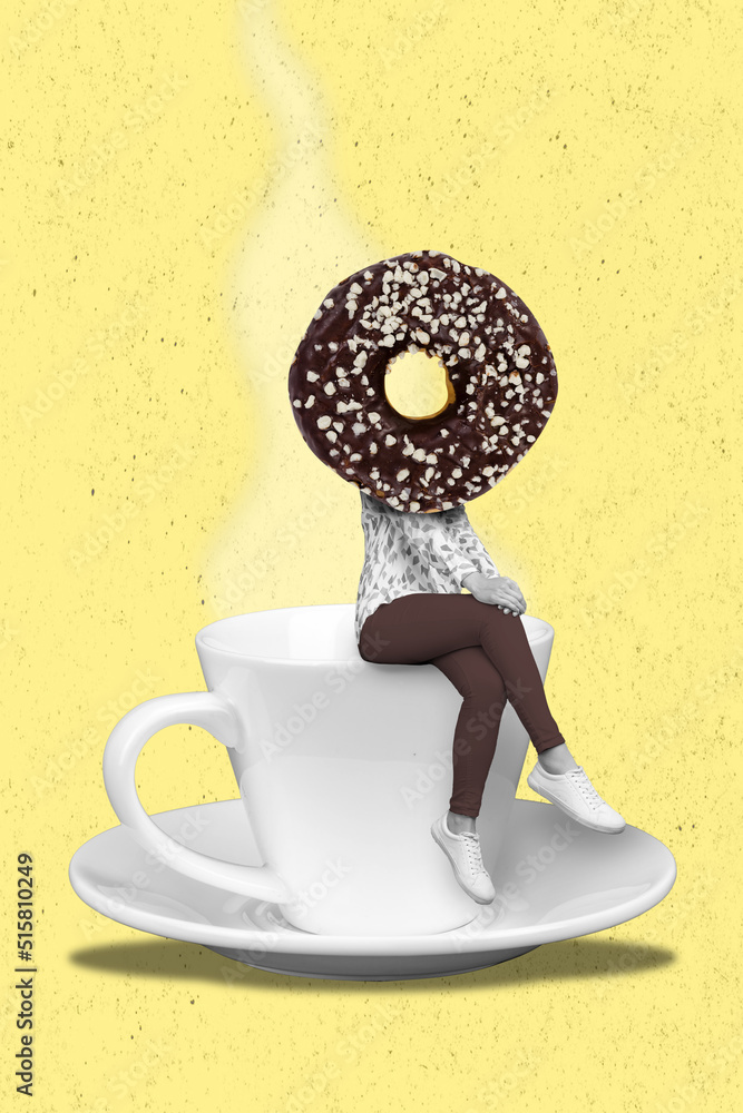 Canvas Prints Photo artwork minimal picture of lady donut instead of head sitting hot beverage cup isolated yellow drawing background