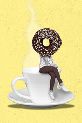 Photo artwork minimal picture of lady donut instead of head sitting hot beverage cup isolated yellow drawing background - obrazy, fototapety, plakaty