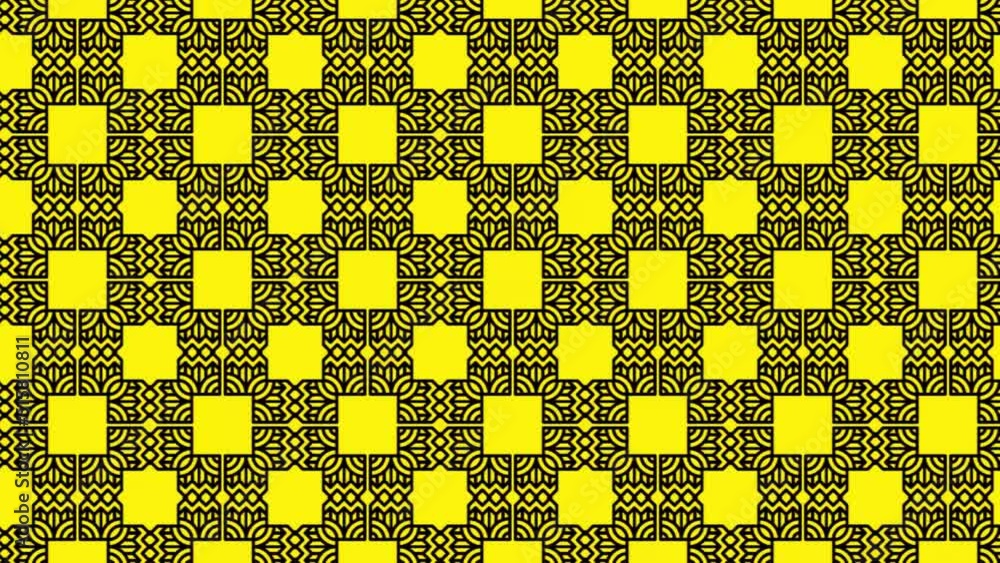 Poster loop video of seamless pattern with black and yellow colored patchwork tiles.