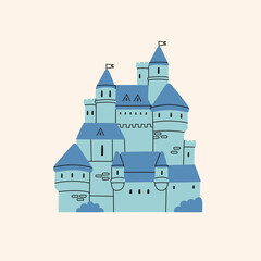 Medieval Castle. Blue roof, blue walls. Royal kingdom towers, fortified palace. Old towers, fortress or fairy-tale stone castle. Cartoon style. Hand drawn colored trendy Vector illustration