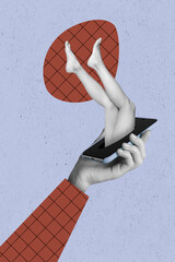 Creative abstract template graphics image of big hand arm typing modern device growing lady foot...