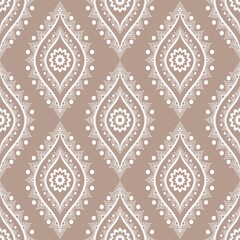 Vintage white-brown color ethnic Indian flower shape seamless pattern background. Use for fabric, textile, interior decoration elements, upholstery, wrapping.