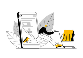 Happy man comes out with purchases from an online supermarket on a smartphone. Concept of a vector illustration in a flat style on the theme of opening an online supermarket.