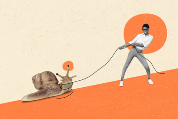 Creative collage image of hardworking person black white effect make effort pull snail up rope...