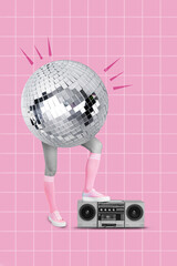 Exclusive painting magazine sketch image of disco ball walking lady legs enjoying music boom box...