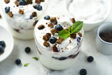 Homemade chocolate trifle with blueberry