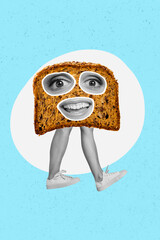 Artwork magazine picture of surrealistic happy piece of bread walking legs smiling isolated panting...