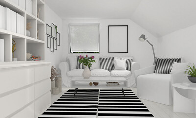 interior of a modern white apartment house with mockup frame, 3d rendering, Illustration
