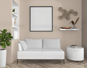 modern living room with sofa and mockup frame, 3d rendering, Illustration