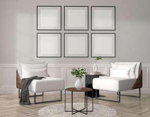 Fototapeta na wymiar interior design of room with chairs and table, mockup frames, 3d rendering, Illustration