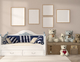 teddy bears sitting on a sideboard, Children bed,  mockup frames, 3d rendering, Illustration
