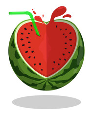 Cut watermelon in shape of heart with straw for cocktail, stylized as glass for soft drinks. Refreshing fruit drinks in hot summer. Cartoon vector isolated on white background