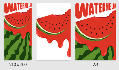 Set of cartoon postcards, flyers with cut watermelon and watermelon juice. Template element for design and decoration. Vector