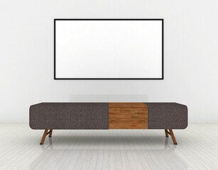 modern white living room with Billboard and Bench, 3d rendering, Illustration