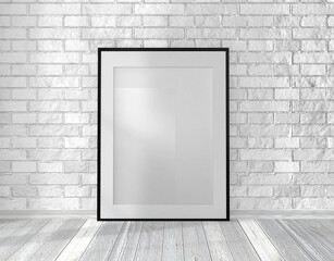 Picture frame standing on a wooden floor in front of a stone wall, 3d Rendering, Illustration