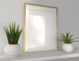 Mockup golden picture frame with two white decorative vases with plants, 3d rendering, illustration
