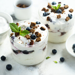 Homemade chocolate trifle with blueberry