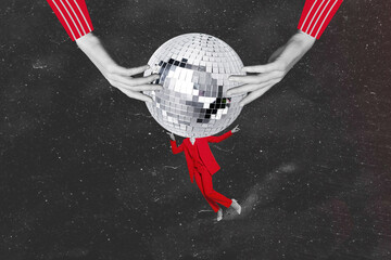 Collage picture of huge hands black white colors hold disco ball small headless person dancing...