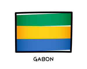 The flag of Gabon. Colorful logo of the Gabonese flag. Green, yellow and blue brush strokes drawn by hand. Black outline. Vector illustration