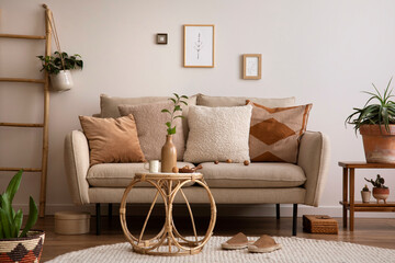The stylish composition of living room interior with beige sofa with carpet, pillow, plaid, coffee...
