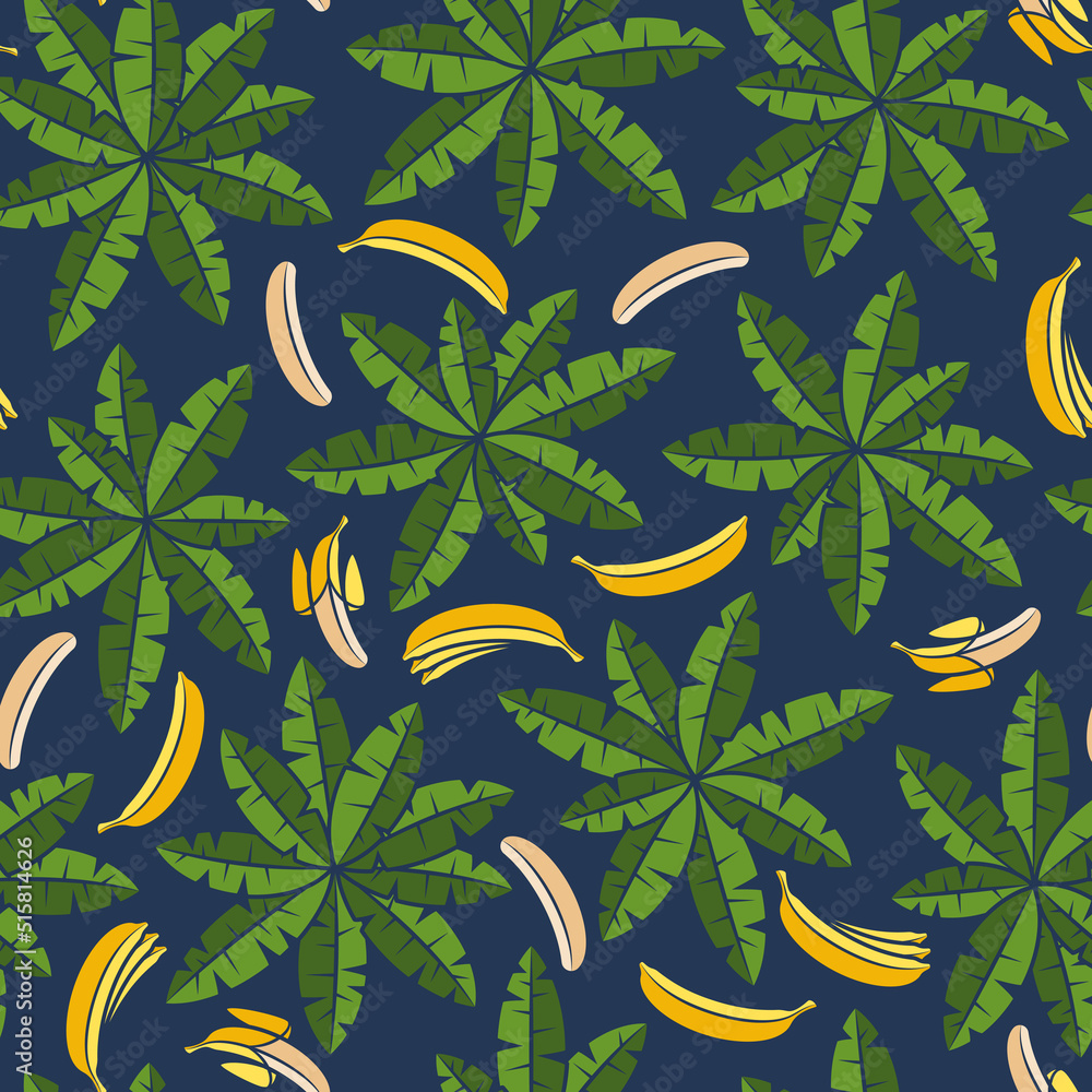 Poster seamless pattern with palms and bananas. tropical vector background with isolated objects on blue.