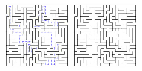 Square maze, a simple logic game with labyrinths. Vector maze game.